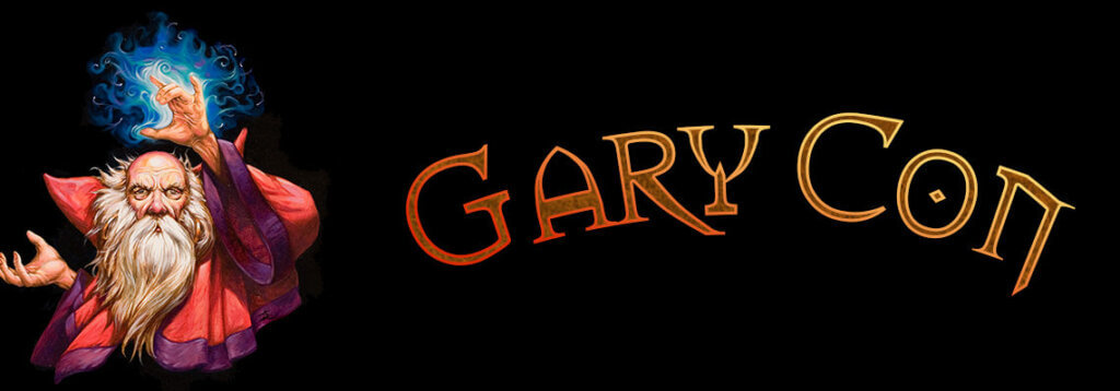 Gary Con text with cartoon wizard logo