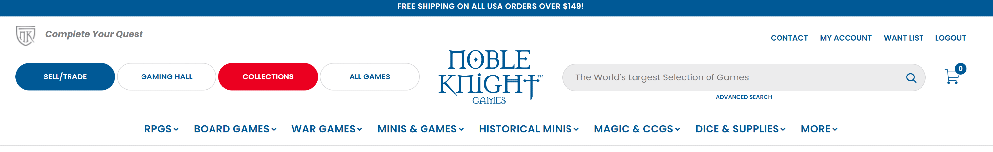 top banner of noble knight games website