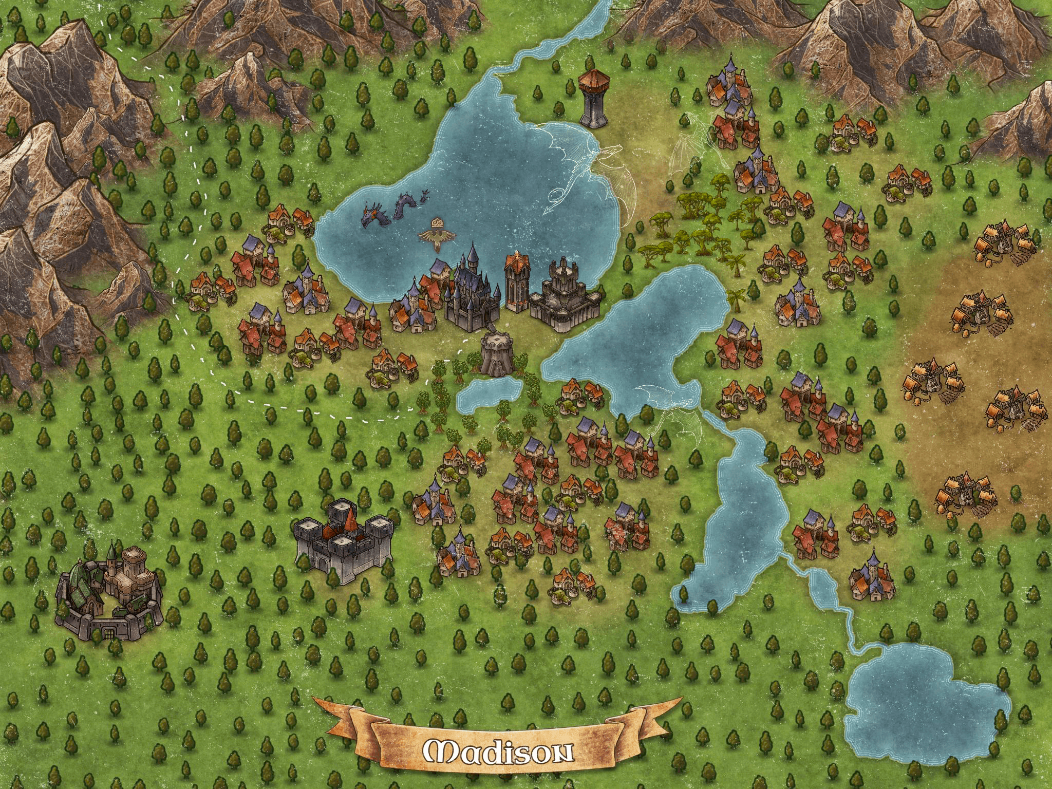 An illustrated fantasy style map of the Madison WI area