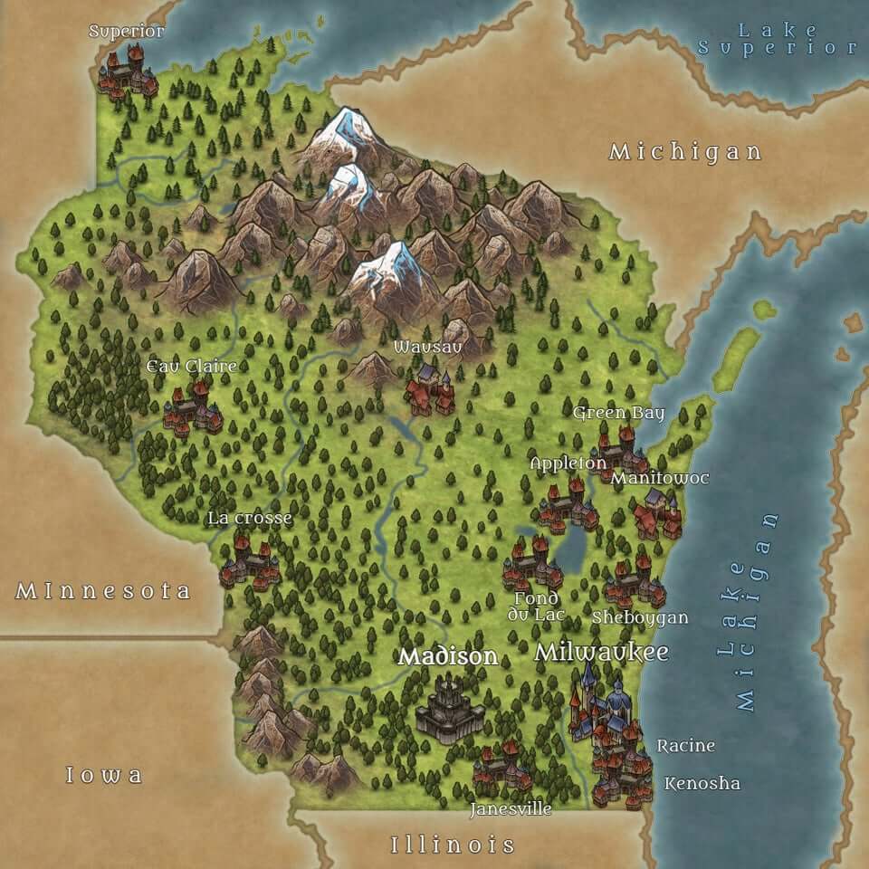 an illustrated map of Wisconsin, styled in fantasy role playing game fashion