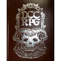 Dungeon Crawl Classic limited edition core rulebook with brown leather cover and silver foil 'DCC RPG' and skull motif