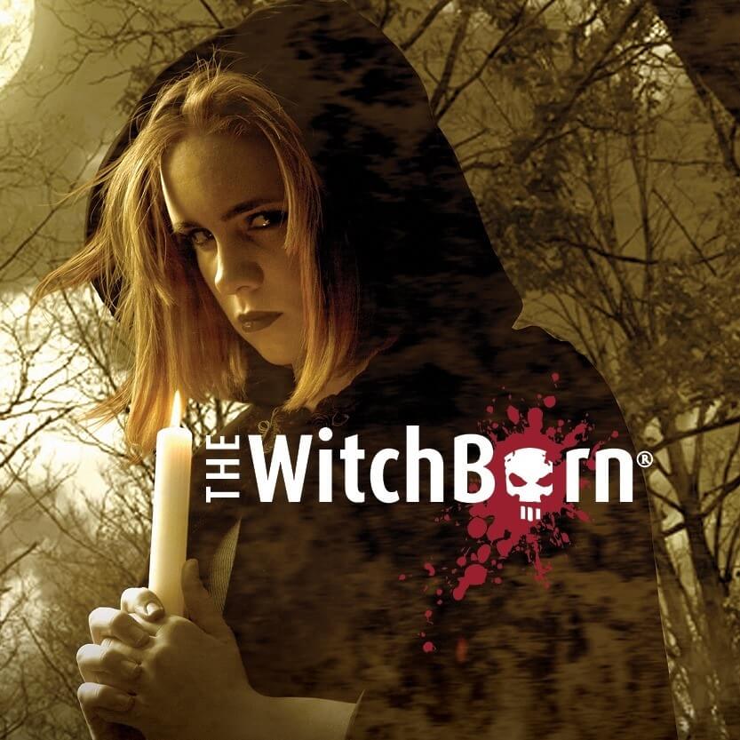 Game box cover of The Witchborn, with a cloaked young woman holding a candle