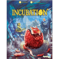 Incubation board game cover with cute cartoon dragons hatching from eggs