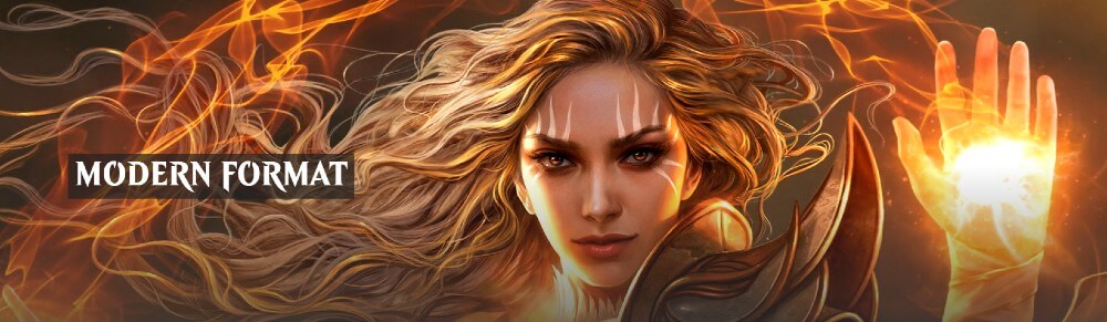 Modern Format over stylized image of blonde woman from Magic the Gathering with a firey hand raised