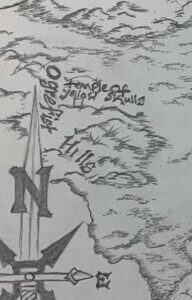 A zoomed in portion of a hand-drawn map. Shows a region called the Ogrefist Hills