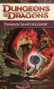 Dungeons & Dragons 4th Edition Dungeon Master's Guide book cover with a red dragon pondering an image of adventurers in an orb