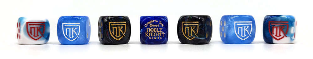 a horizontal lineup of d6 dice featuring logos for Noble Knight Games