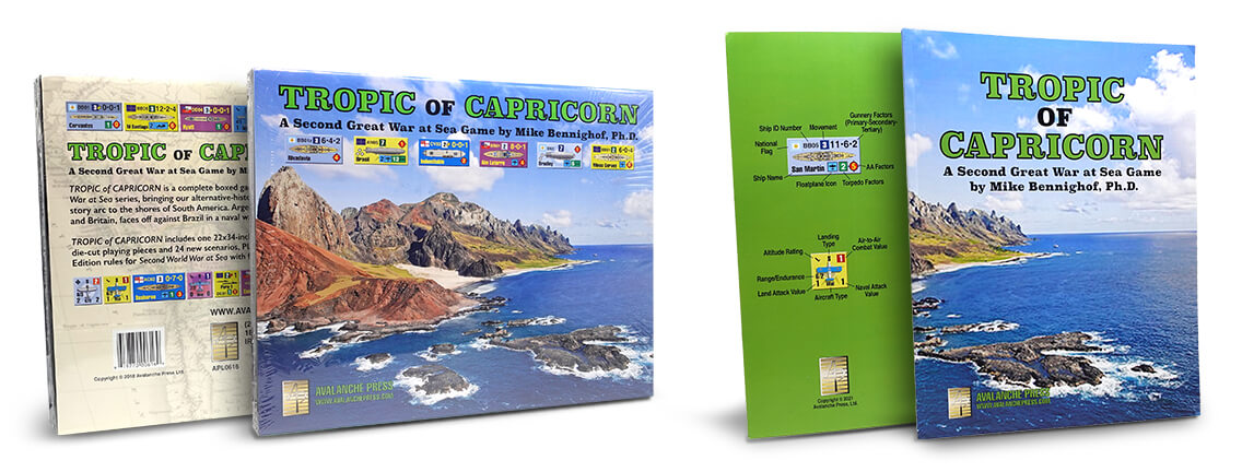 front and back views of avalanche press boxed game and playbook game tropic of capricorn