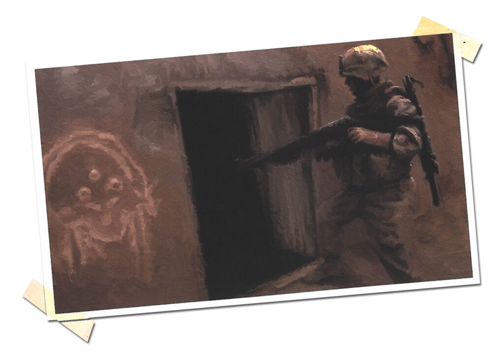 delta green rpg artwork soldier in desert camouflage points his rifle into a doorway 