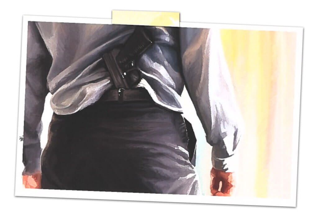 delta green rpg artwork of man with a handgun tucked into the waistline of his pants