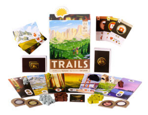 game box and components for the nature game Trails from Keymaster Games