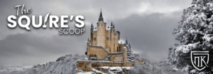 stone castle with turrets and spires with snowcover