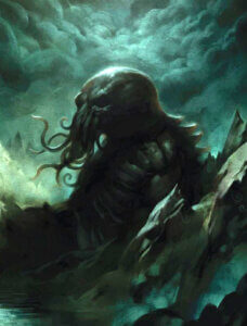 call of cthulhu rpg art illustration of cthulhu against green sky background