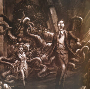 man and woman running away from a tentacled monster with another man caught by one of the tentacles