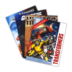 four folders for RPG items for Transformers, Power Rangers, Hunter: the Reckoning, and G.I. Joe RPGs