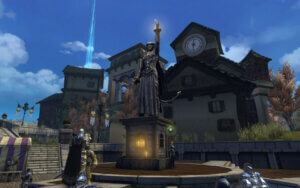 neverwinter mmorpg screenshot of a statue in the middle of a town square