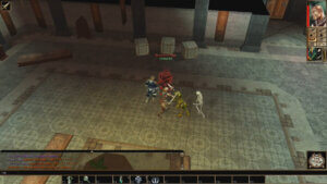 neverwinter nights d&d video game screen capture, a player fights goblins and skeletons in a dungeon