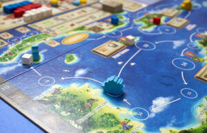 player ship token on the game board of rondel games maracaibo from capstone games