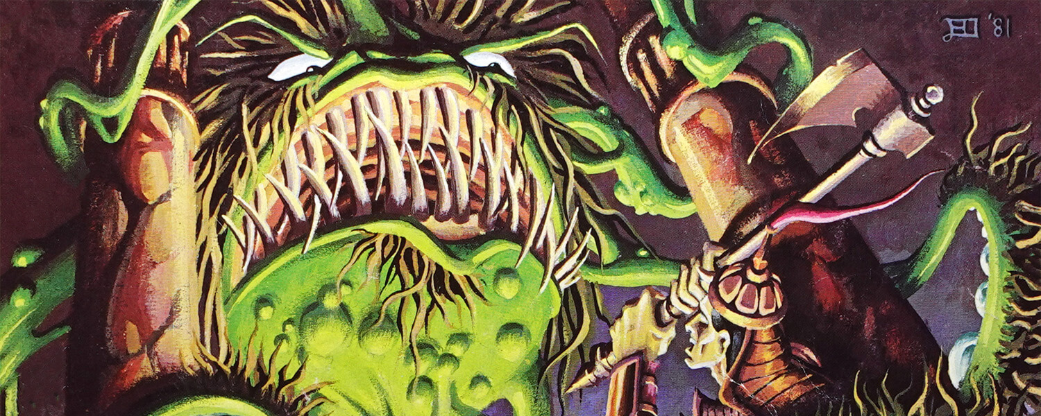 Large plant monster with fangs is attacking an armored man who has an axe