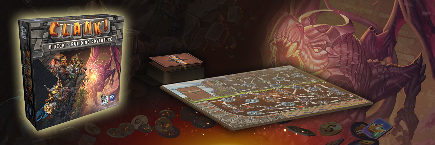 new classic board games clank deck-building adventure game box, cards, and board, set on top of an illustration of a dragon