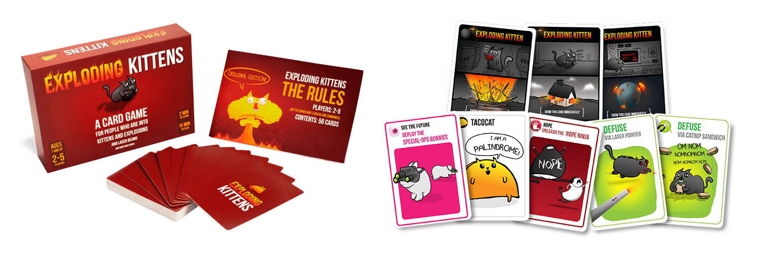 new classic board games exploding kittens card game box, instructions, and sample cards