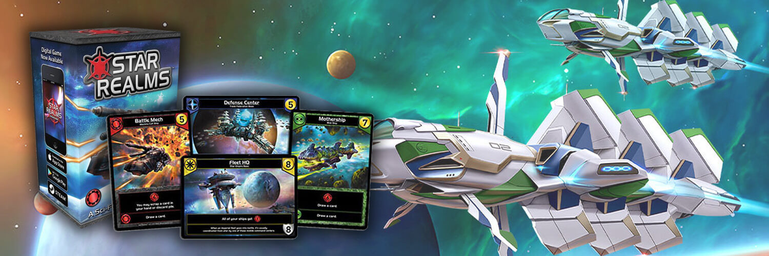 star realms deck-building box and single cards set on top of an illustrated background of space, planets, and spaceships