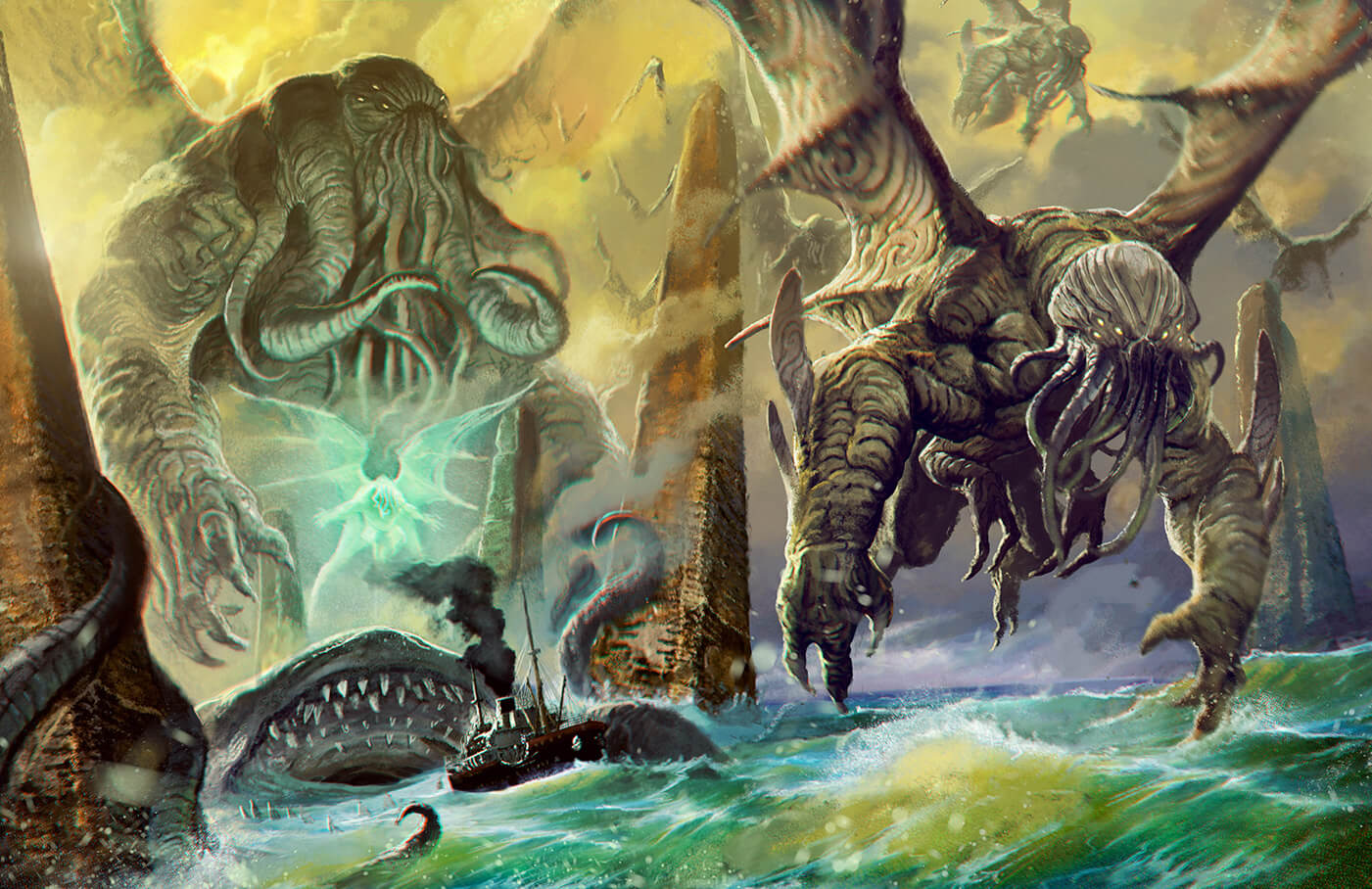 tentacled cthulhu monsters flying and swimming in the ocean near giant stone pillars that stick out of the water