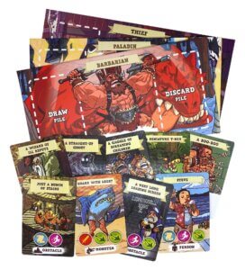 game cards and player boards from 5-minute dungeon board game