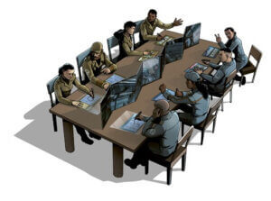 illustration of 8 people sitting at a table playing the real time games captain sonar