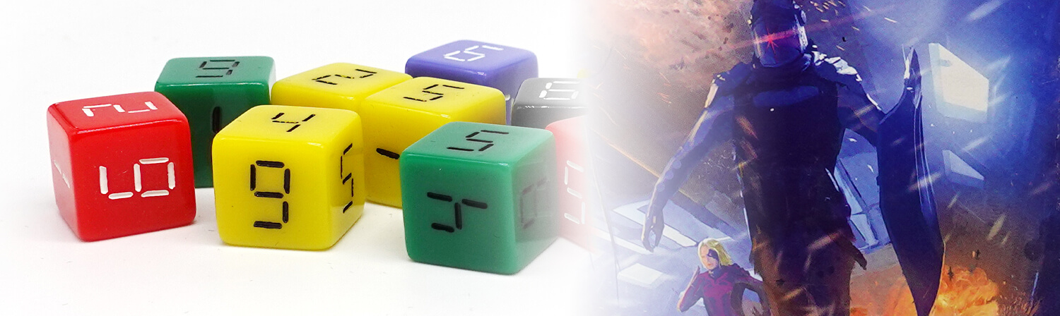 game dice and an illustration of two people in hazard suits running from an explosion