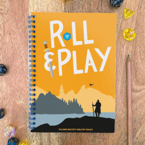 Roll & Play Press' Game Master's Fantasy Toolkit book on a wooden table surrounded by dice