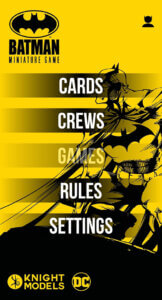 phone screenshot of the main menu of the Batman Miniature Game app