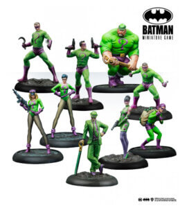 The Riddler and his Quizmaster crew miniature models from the Batman Miniature Game