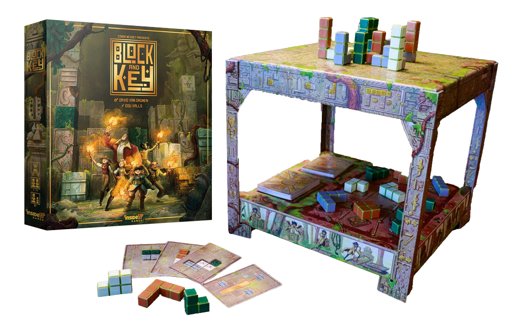 Block and Key board game box, cards, components, and game boards