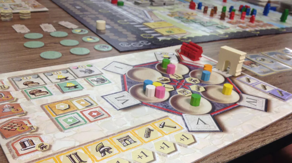 player board and game pieces for Trajan board game