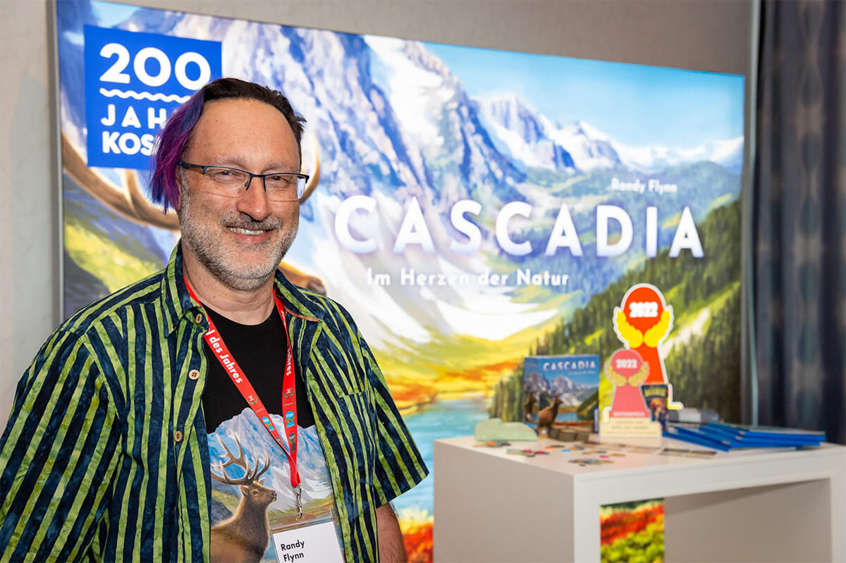 game designer Randy Flynn at the Spiel des Jahres 2022 awards with his game Cascadia