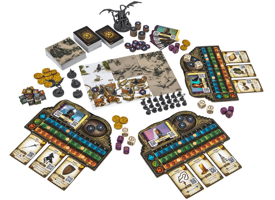 Destinies board game by Red Raven Games - box contents including tiles, miniatures, cards, and player boards