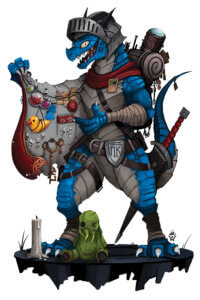 illustration of a kobold holding open its cloak to show the odd collection of items it has for sale