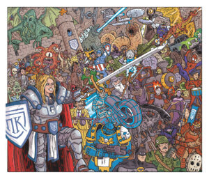 illustration of lady noble knight holding a sword out in front of her with a background full of characters