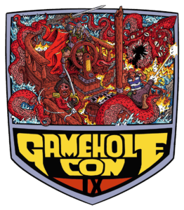 Gamehole Con IX 2022 logo featuring a red sea monster attacking a ship