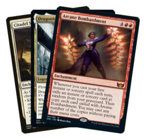 Magic the Gathering cards Arcane Bombardment, Dragonlord Ojutai, and Citadel Siege