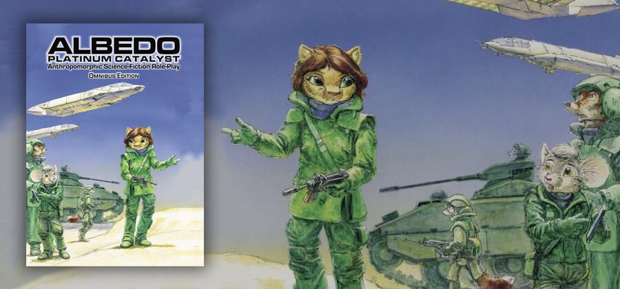 anthropomorphic cat, mouse, and fox in military clothing overlaid by the Albedo: Platinum Catalyst RPG book