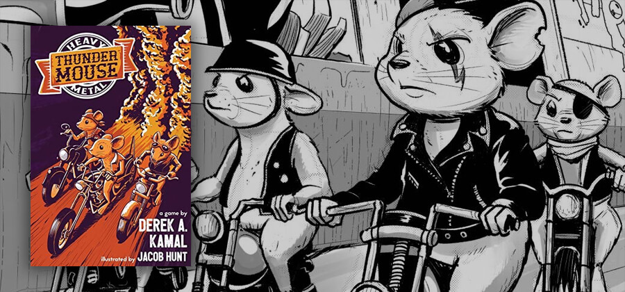 anthropomorphic mice on motorcycles overlaid by the Heavy Metal Thunder Mouse animal RPG book