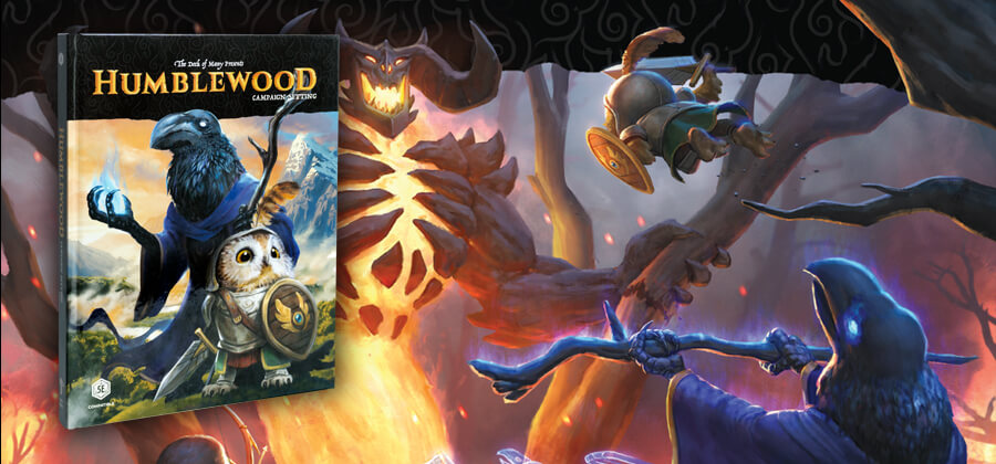 crow wizard and owl warrior battle a large fire elemental monster overlaid by the Humblewood animal RPG book