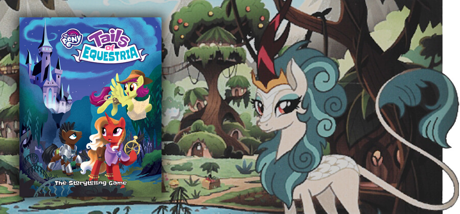 tree forest village with a pony in the foreground overlaid by the My Little Pony: Tails of Equestria animal RPG book