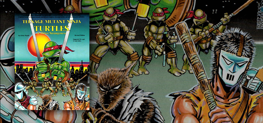 Casey Jones, Shredder, Master Splinter, and the turtles overlaid by the Teenage Mutant Ninja Turtles & Other Strangeness RPG book