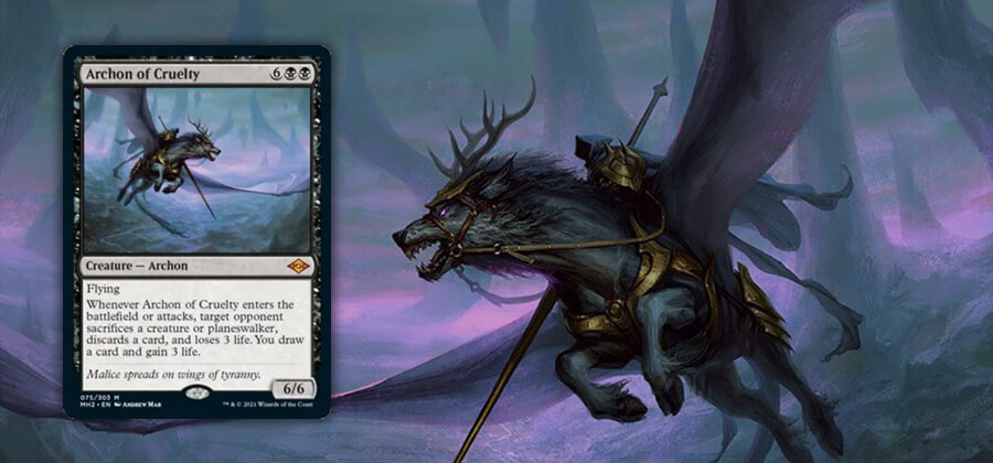 Magic the Gathering card Archon of Cruelty overlaying an illustration of an antelered wolf creature with wings carrying a hooded figure across a hazy purple background