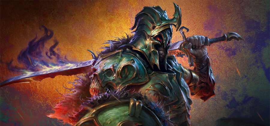 Modern Mtg illustration of an undead humanoid in green plate armor holding a flaming blue sword