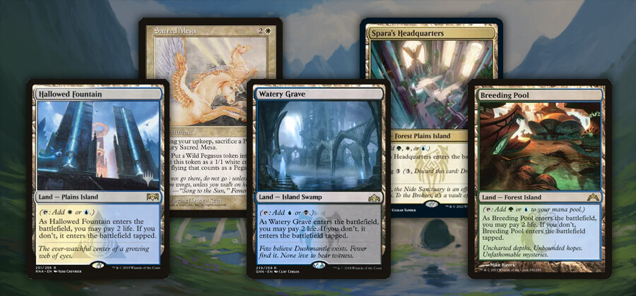 Modern MtG cards: Hallowed Fountain, Sacred Mesa, Watery Grave, Spara's Headquarters, and Breeding Pool