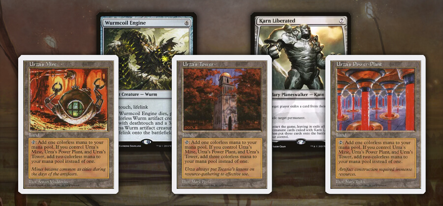 Modern MtG cards: Urza's Mine, Wurmcoil Engine, Urza's Tower, Karn Liberated, and Urza's Power Plant